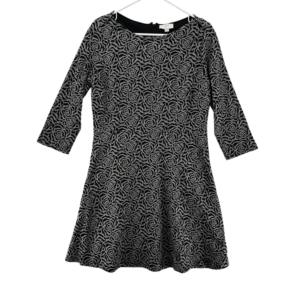 LOFT Dress Womens 12 Petite Black Silver Rose Floral‎ 3/4 Sleeve Jacquard NWT